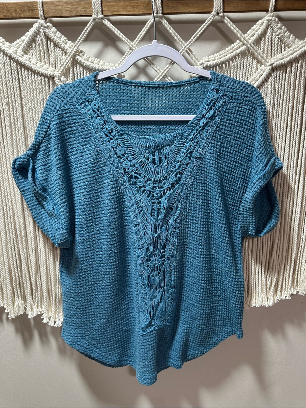Amazon Teal Open-Knit V-Neck Short Sleeve Sweater